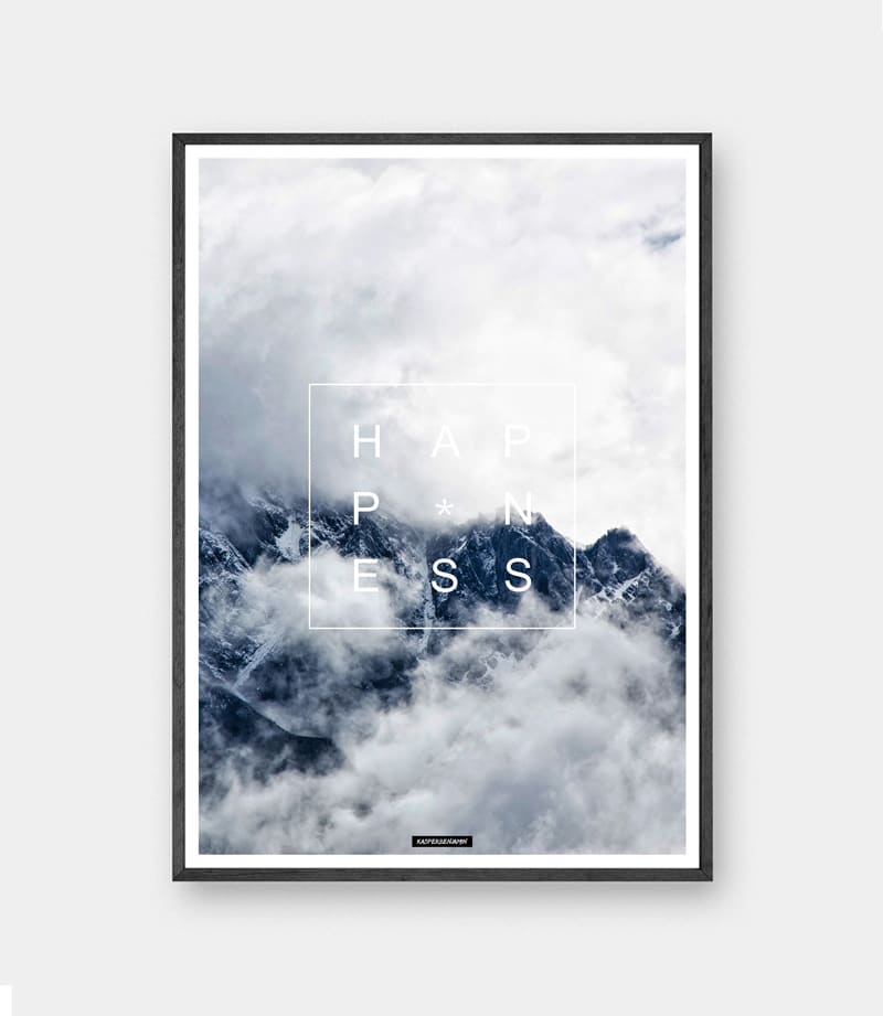 happiness plakat - Natur billede med blå himmel og bjerge med motiverende tekst happiness