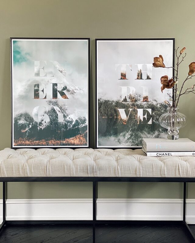 Plakaterne Thrive og Energy i aluminium rammer