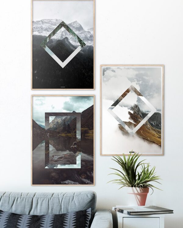 Plakatsæt med 3 natur plakater med bjerge og himmel