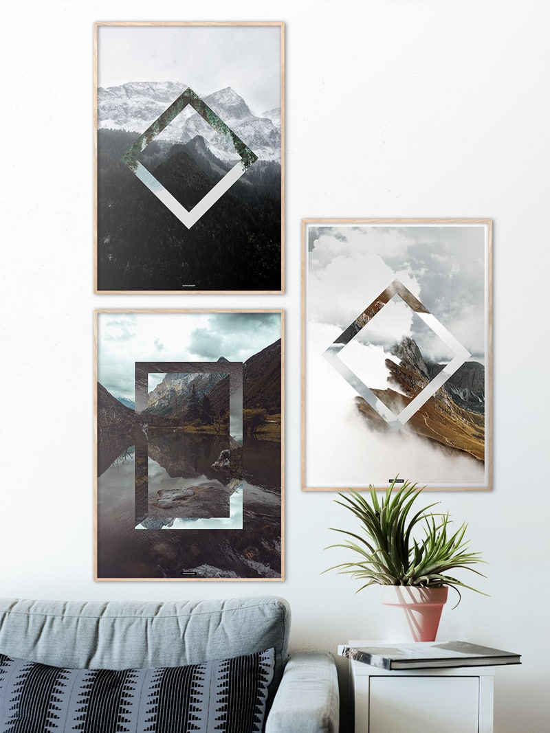 Plakatsæt med 3 natur plakater med bjerge og himmel