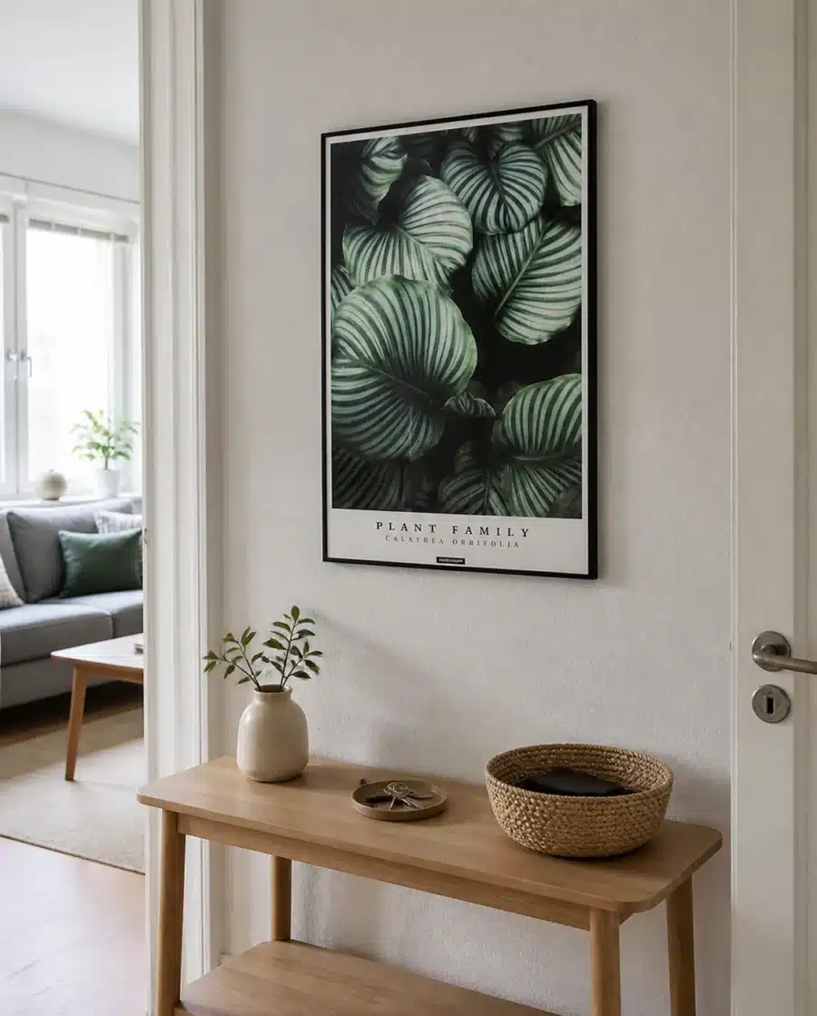 CALATHEA ORBIFOLIA plakat i sort ramme i en lys dansk entré med egetræskonsol, flettet kurv og naturligt dagslys.