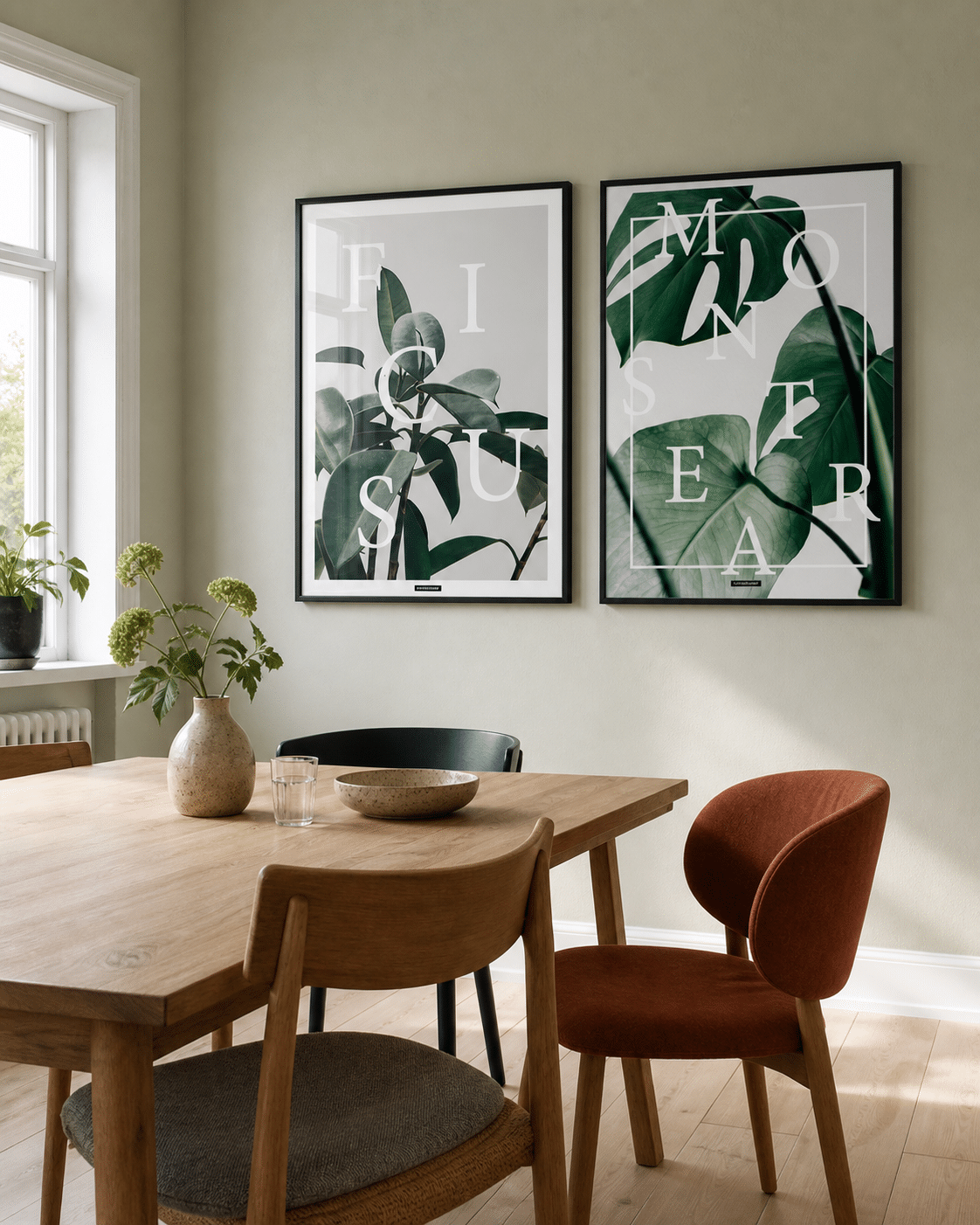 Ficus Elastica og Monstera plakater i sorte rammer på en lys salviegrøn væg i dansk spisestue med egetræsbord, farvede stole og dagslys