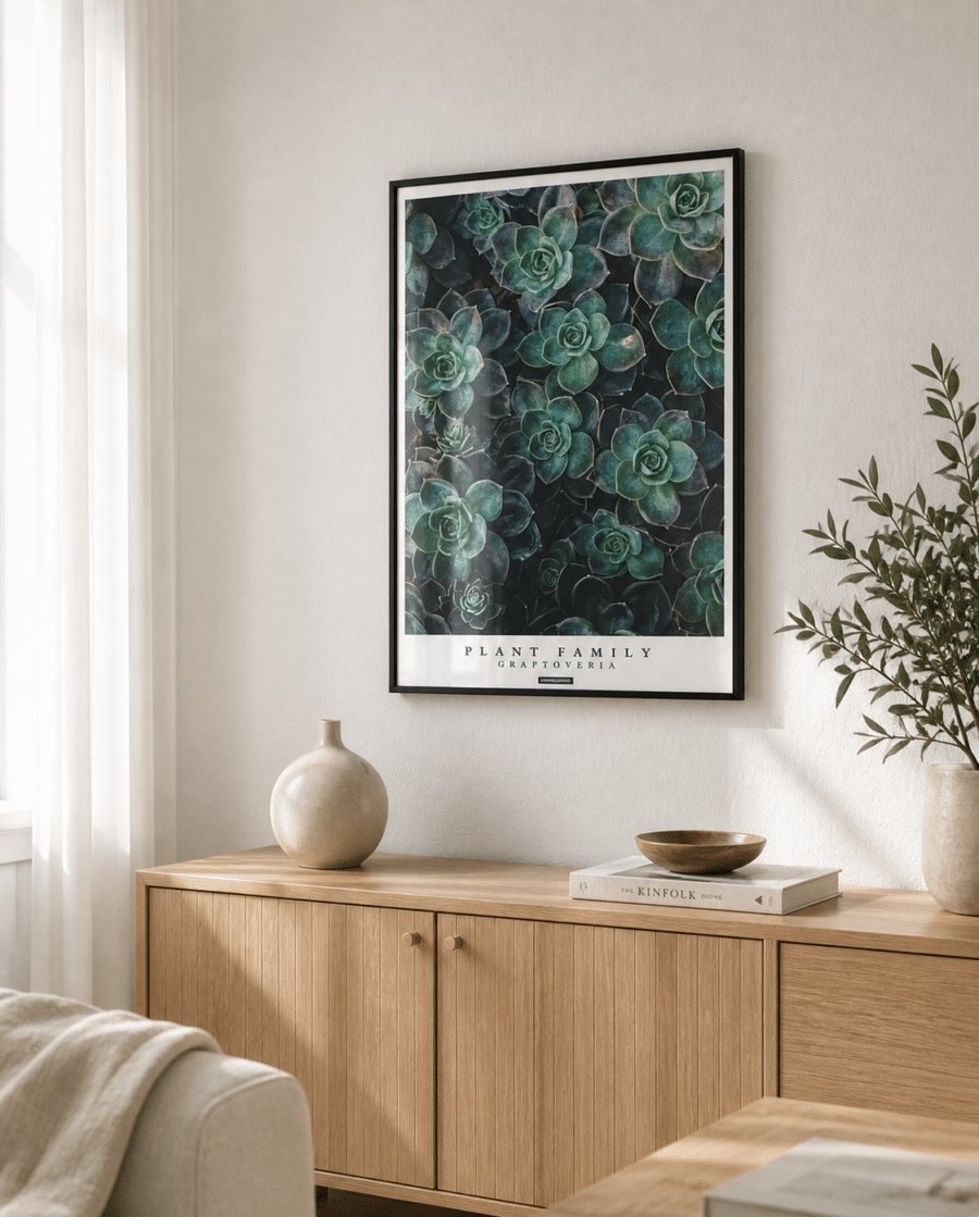 Graptoveria plakat i sort ramme i en lys stue ved vindue med egetræsskænk, keramik, plante og naturligt dagslys