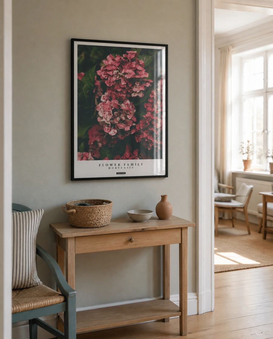 Hortensia plakat i sort ramme i en lys entré med grågrøn væg, egetræskonsol, kurv, keramik og dagslys