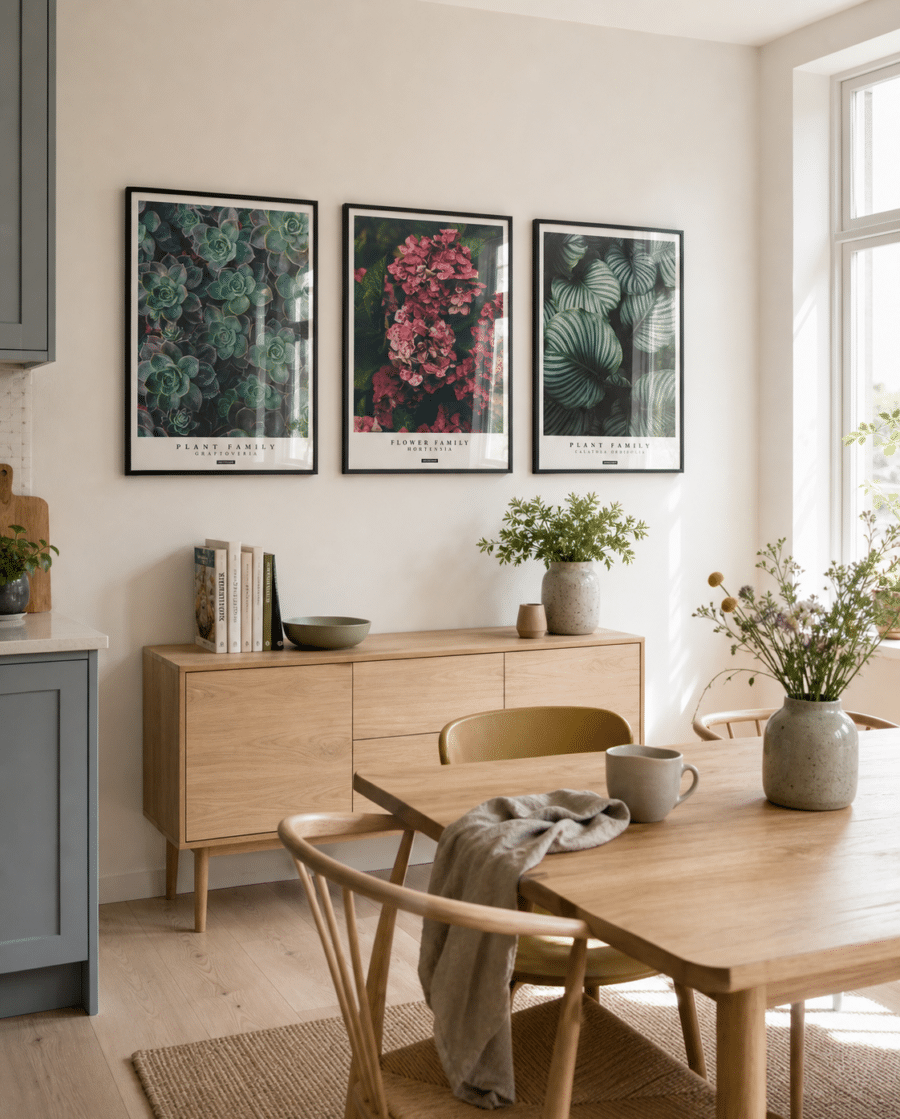 PLANTS plakatsæt med Graptoveria, Hortensia og Calathea Orbifolia i et lyst dansk køkken med egetræsmøbler og dagslys