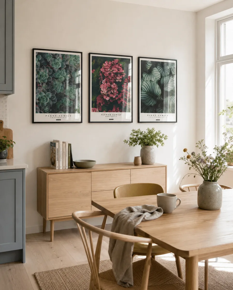 PLANTS plakatsæt med Graptoveria, Hortensia og Calathea Orbifolia i et lyst dansk køkken med egetræsmøbler og dagslys