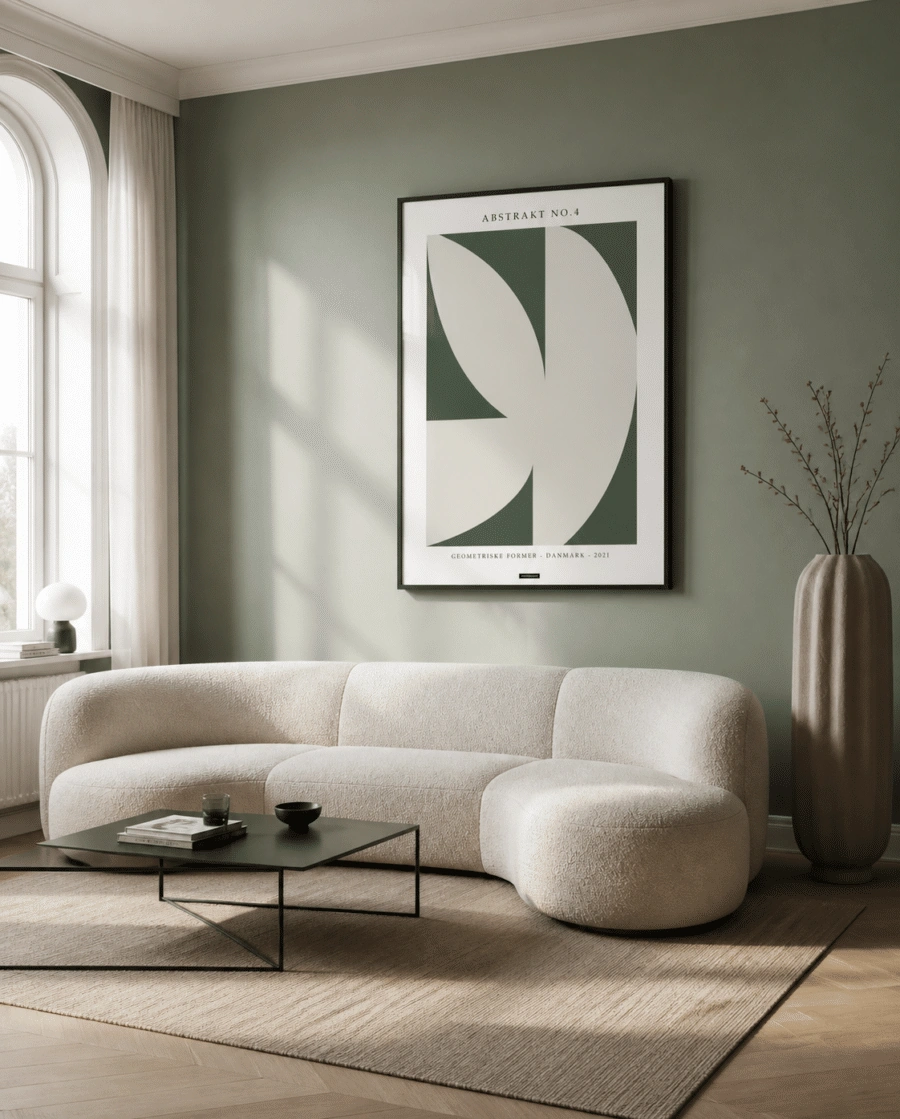 Abstrakt No.4 plakat i sort ramme over en lys sofa på en grøn væg i en dansk stue