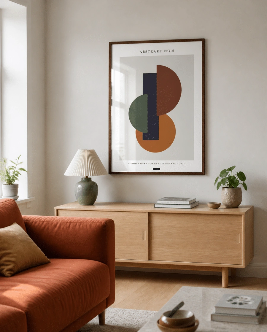 ABSTRAKT NO.6 plakat i valnødderamme i en lys dansk stue med varmgrå væg, rustfarvet sofa, egetræsskænk, grøn lampe og dagslys
