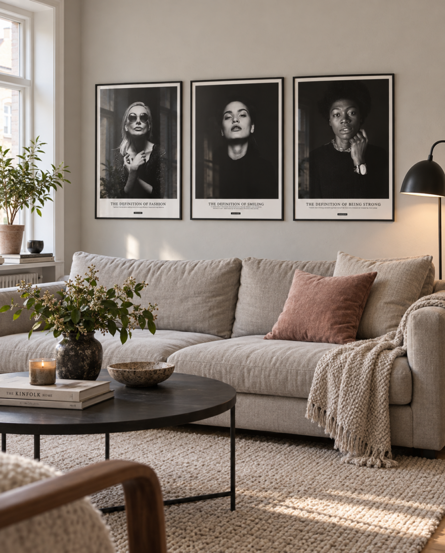 Attitude plakatsæt med tre sort-hvide portrætplakater i sorte aluminiumsrammer over en sofa i en dansk stue.
