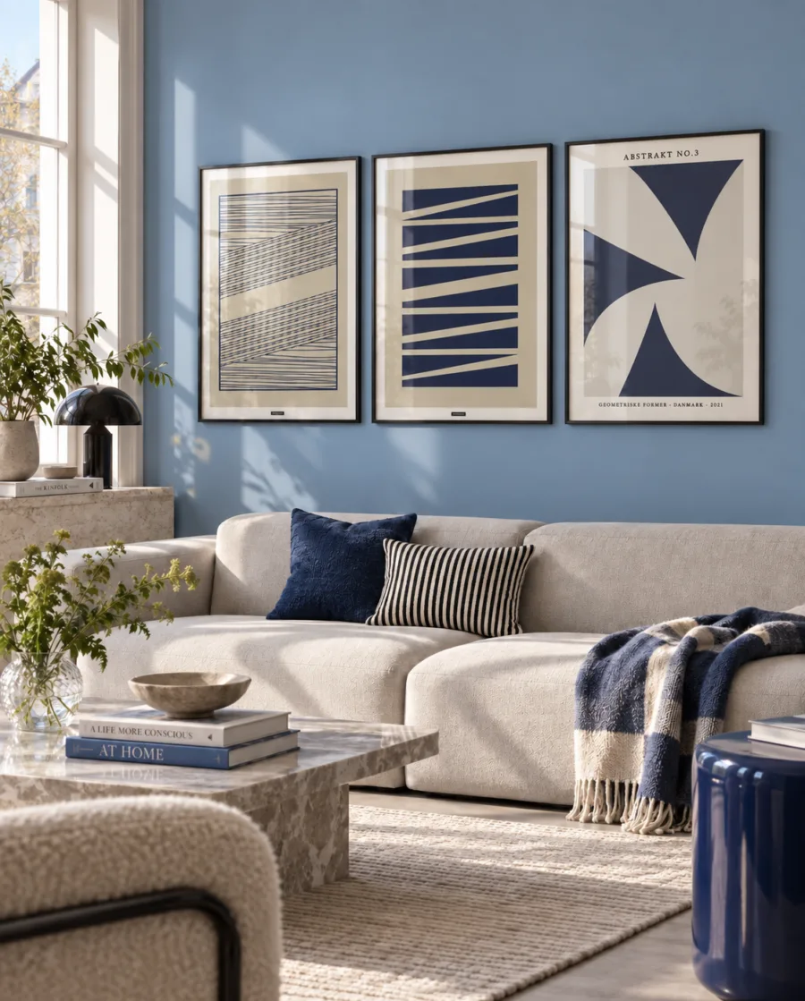 Blue Geometric plakatsæt med tre blå geometriske plakater i sorte aluminiumsrammer over en moderne sofa i en lys blå stue.