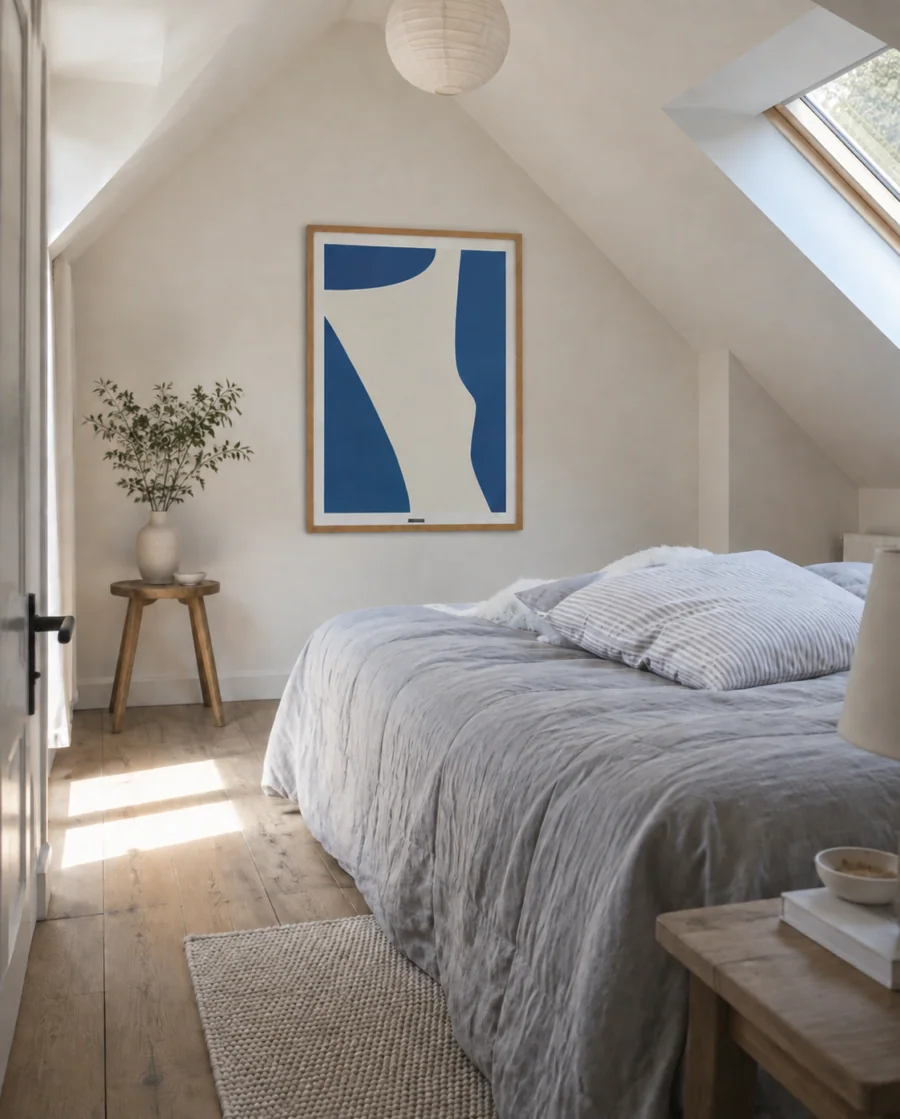 BLUE SHAPES NO.1 plakat i et lyst nordisk hjem med naturligt dagslys og rumdybde.