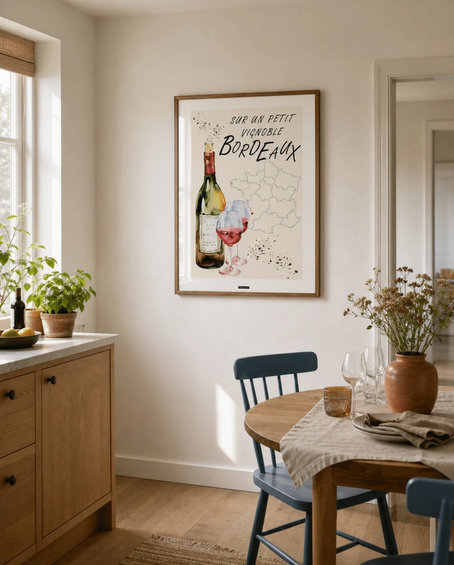 BORDEAUX NO.1 plakat i valnøddefarvet ramme i en lys dansk køkkenspisestue med egetræsskabe, blå stole, vin­glas og naturligt dagslys