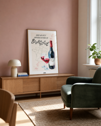 BOURGOGNE NO.1 plakat i valnøddefarvet ramme i en lys dansk stue med støvet rosa væg, egetræsskænk, grøn lænestol og dagslys