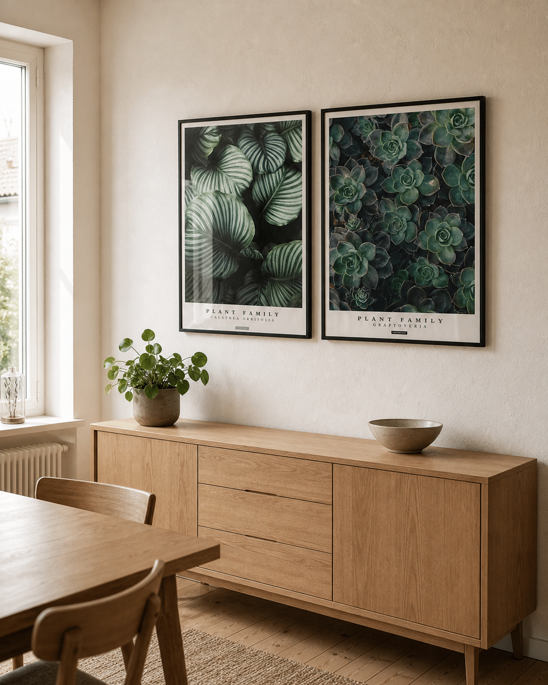 Calathea Orbifolia og Graptoveria plakater i en billedvæg