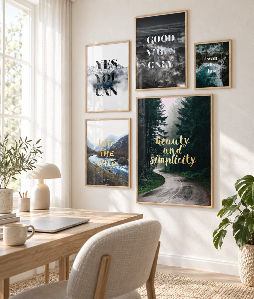 Creation natur tekst billedvæg i lyst hjemmekontor med fem plakater, egetræsbord og naturligt dagslys