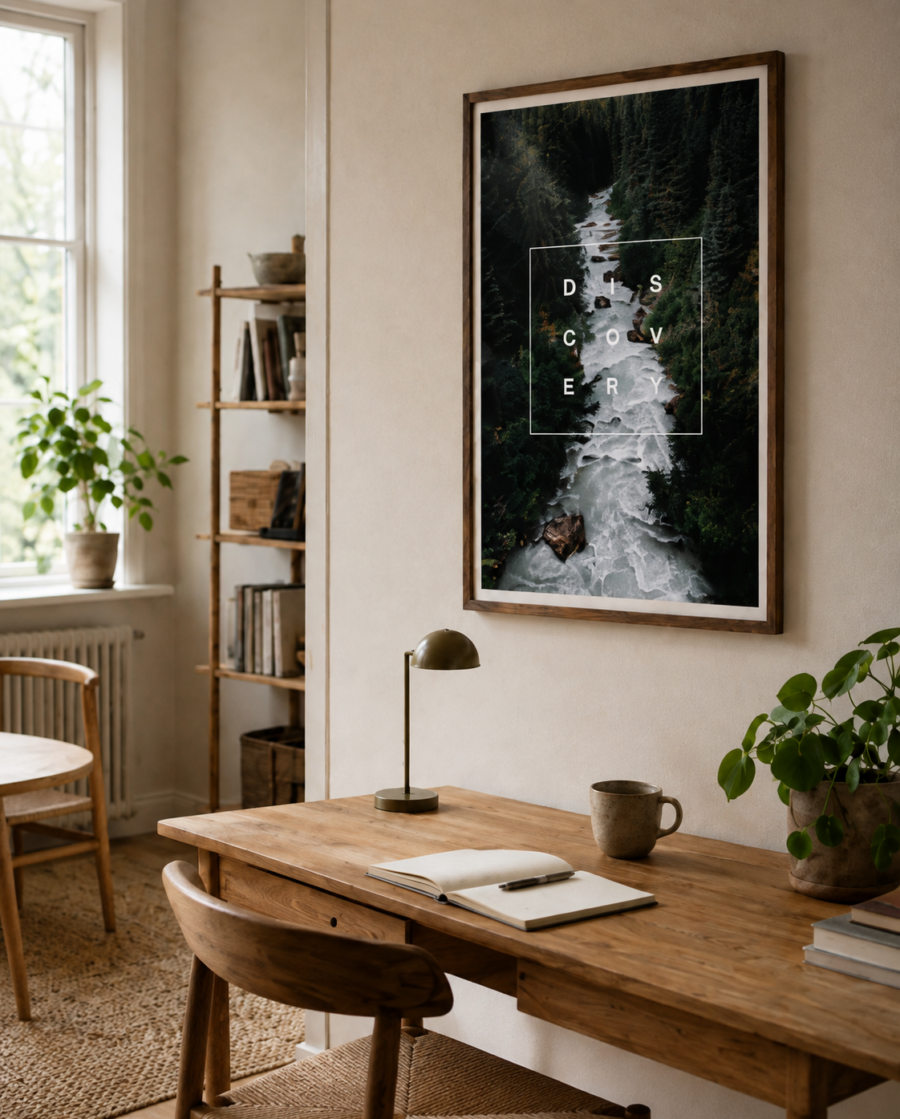 Discovery plakat med skov og vandfald i valnødderamme i et lyst nordisk arbejdshjørne