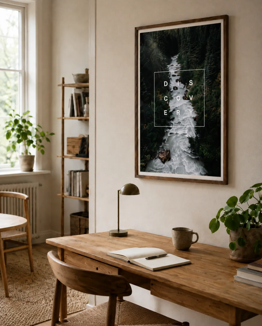 Discovery plakat med skov og vandfald i valnødderamme i et lyst nordisk arbejdshjørne
