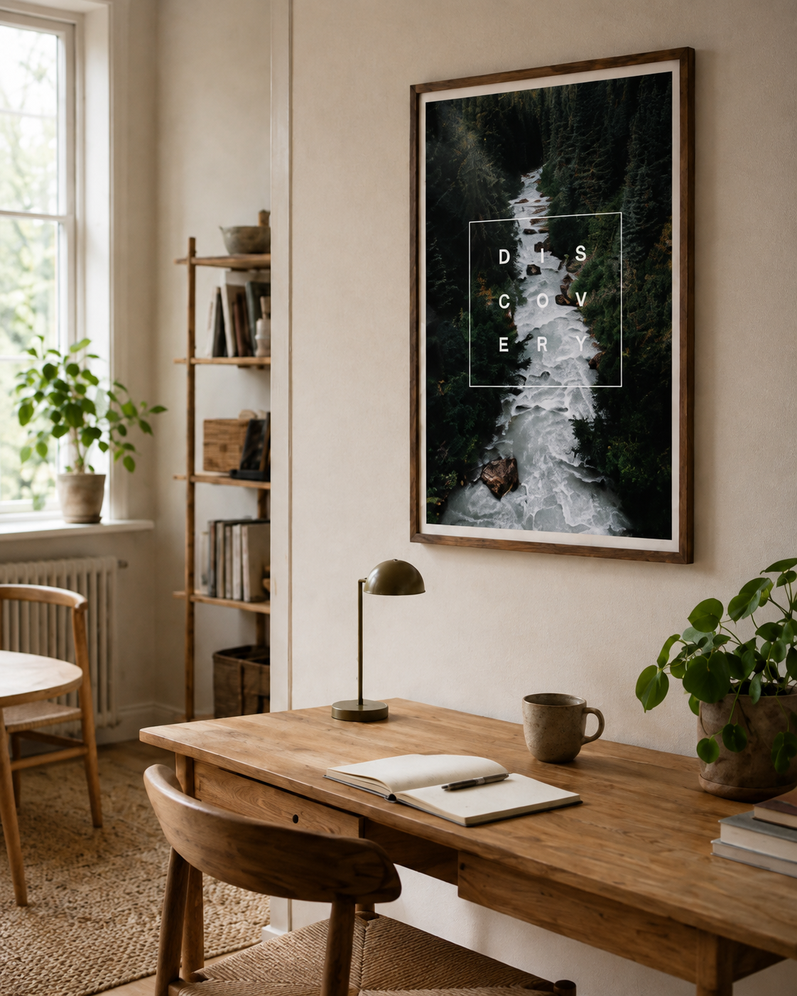 Discovery miljøbillede KASPERBENJAMIN Discovery plakat med skov og vandfald i valnødderamme i et lyst nordisk arbejdshjørne