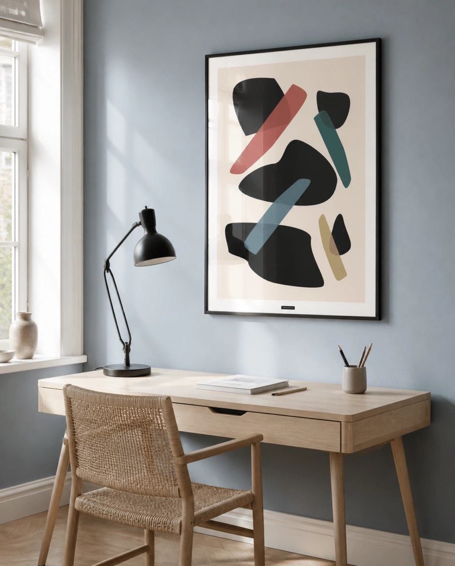 DROPS OF BLACK plakat i sort ramme i et lyst dansk hjemmekontor med støvet blå væg, birkebord, sort arbejdslampe og dagslys