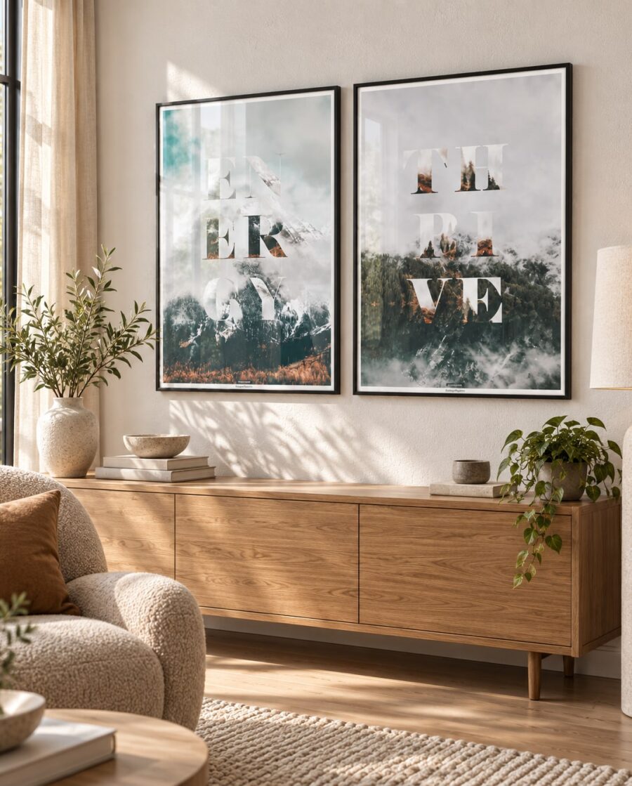 ENERGY og THRIVE plakater i sorte rammer over en egetræsskænk i en lys stue