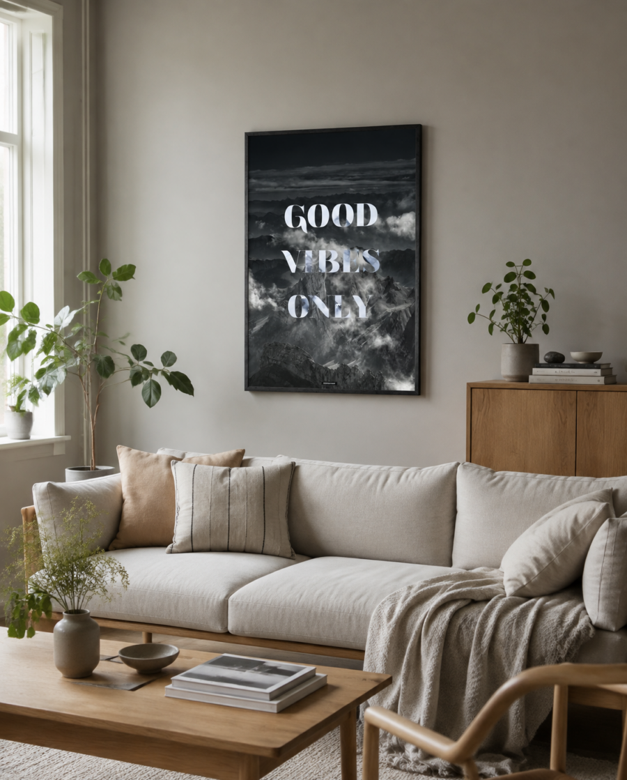 GOOD VIBES ONLY plakat i sort ramme over en lys sofa i en almindelig dansk stue med naturligt dagslys.