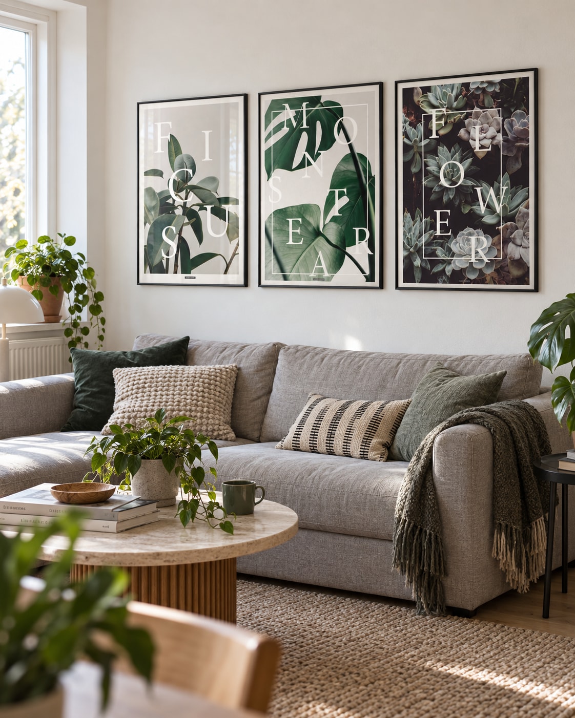 Green Power plakatsæt med tre grønne planteplakater i sorte aluminiumsrammer over en sofa i en dansk stue med en kat.