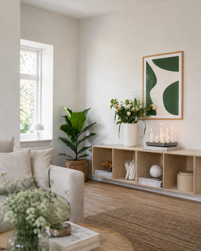 GREEN SHAPES NO.1 - godkendt hero miljøbillede | KASPERBENJAMIN GREEN SHAPES NO.1 plakat i et lyst nordisk hjem med naturligt dagslys og rumdybde.