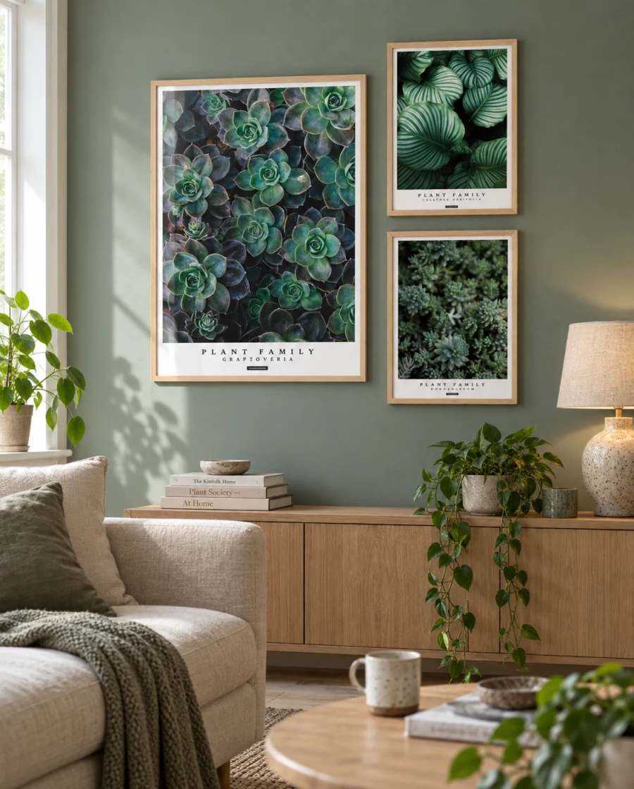 Grøn plante billedvæg med en stor botanisk plakat og to mindre planteplakater i egetrærammer over en sofa i en dansk stue.