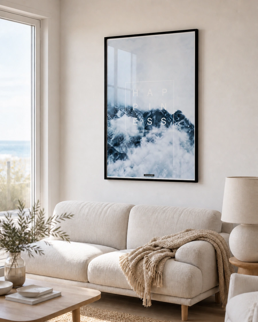 HAPPINESS plakat i sort ramme over en lys sofa i nordisk stue med naturligt dagslys.