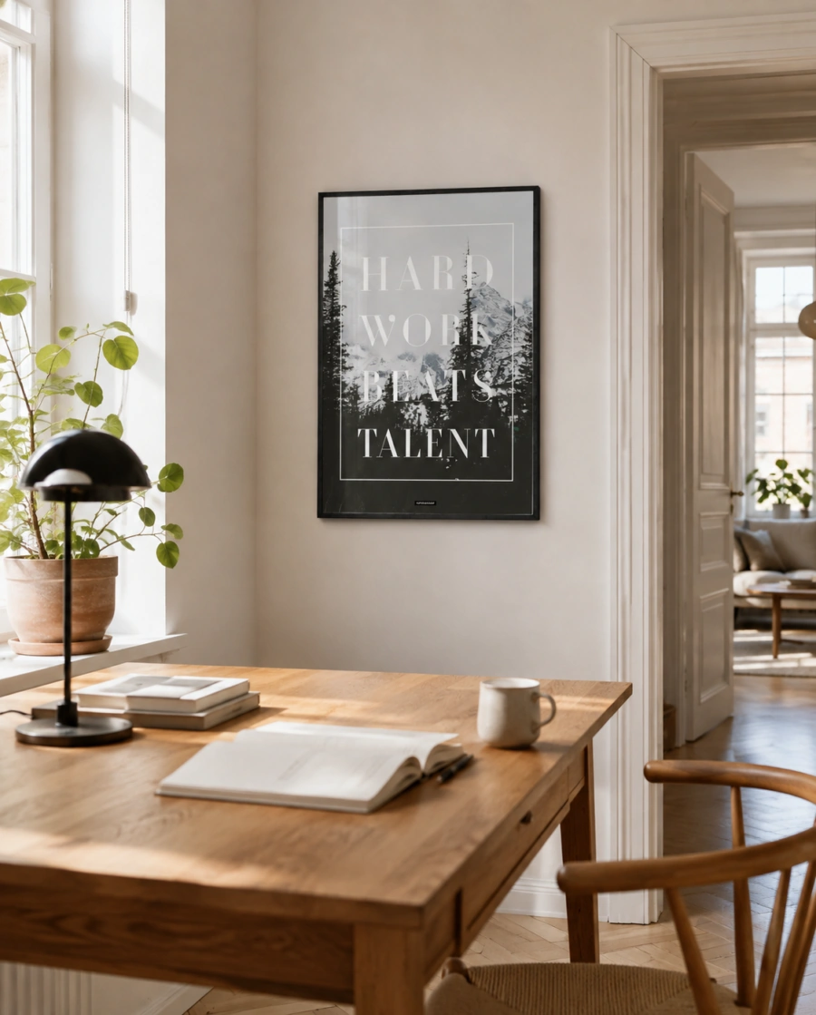 HARD WORK plakat i et lyst nordisk hjem med naturligt dagslys og god rumdybde.
