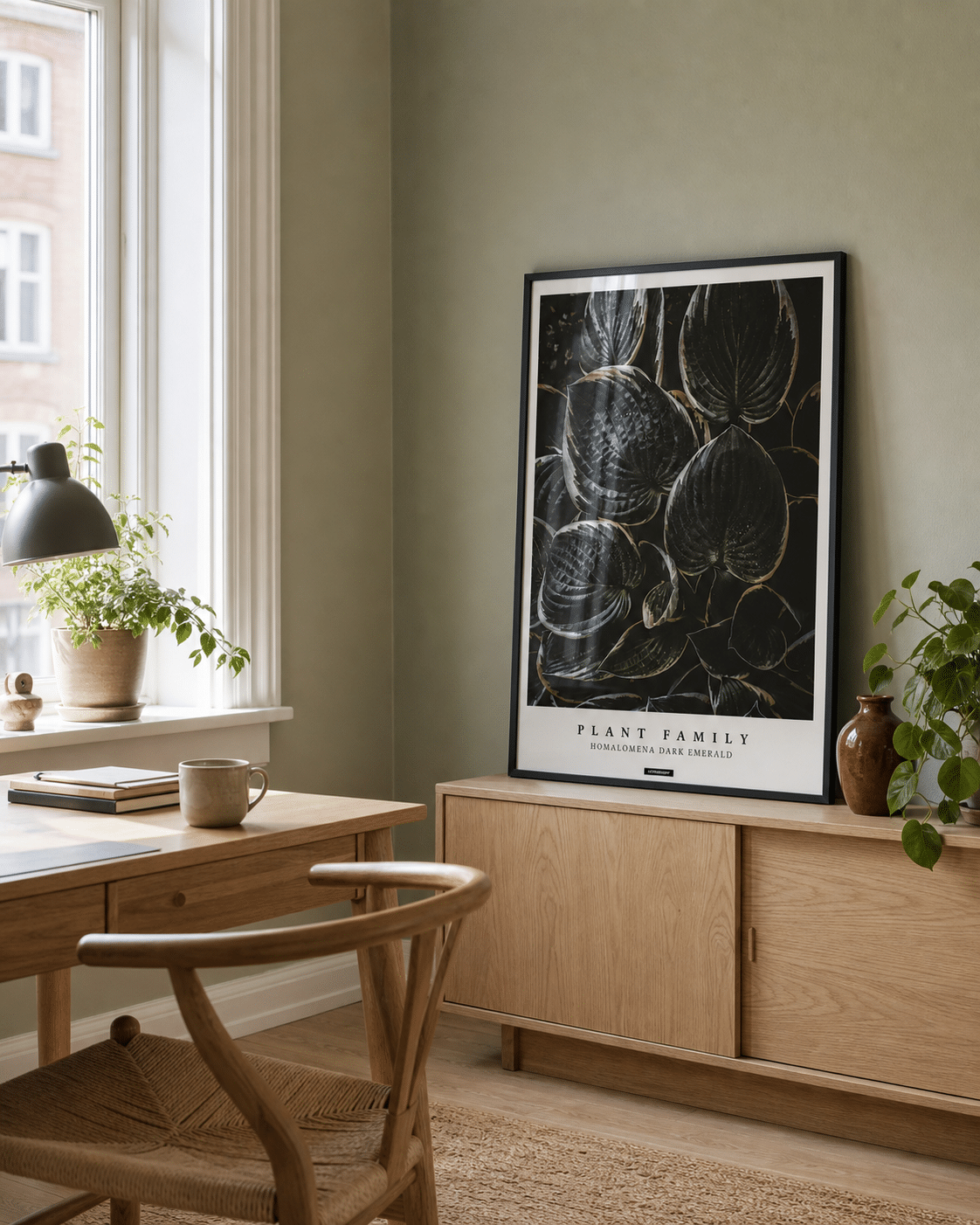 HOMALOMENA miljøbillede KASPERBENJAMIN - lyst hjemmekontor HOMALOMENA plakat i sort ramme i et lyst nordisk hjemmekontor med salviegrøn væg, egetræsskrivebord og dagslys