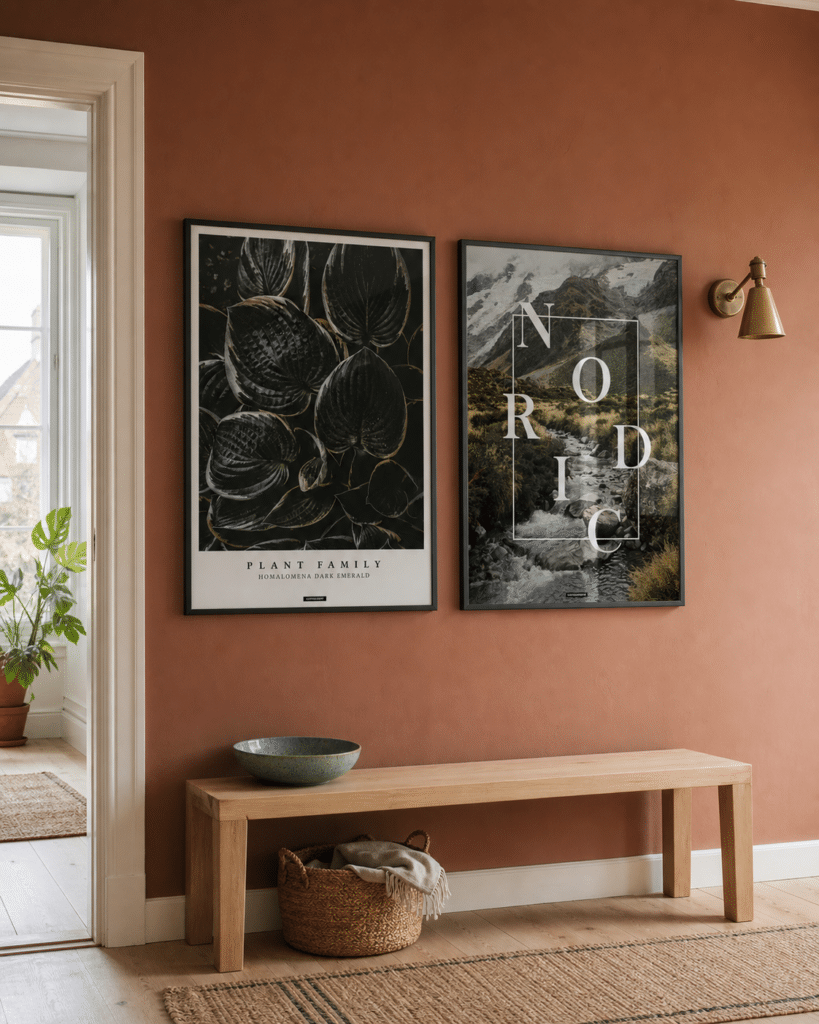 HOMALOMENA miljøbillede KASPERBENJAMIN - match med NORDIC HOMALOMENA og NORDIC plakater i sorte rammer i en lys dansk entré med terracotta væg, egetræsbænk og dagslys
