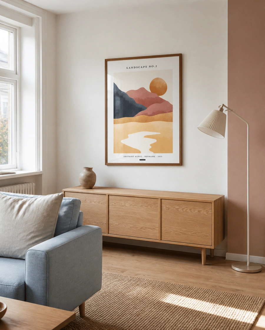 LANDSCAPE NO.2 plakat i valnøddefarvet ramme i en lys dansk stue med lyseblå sofa, egetræsskænk, rosa væg og dagslys