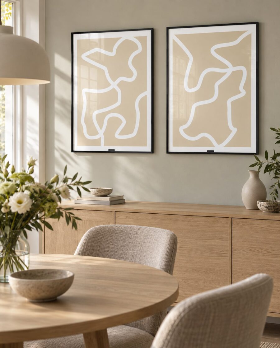 LINES NO.1 og LINES NO.2 plakater side om side i en lys nordisk spisestue med sorte rammer og dagslys