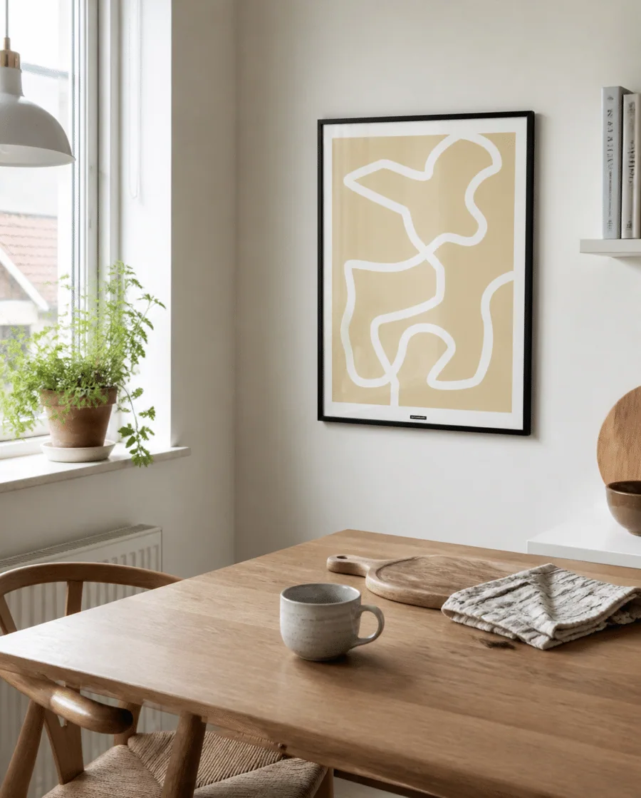 Lines No.2-plakaten med lyst grafisk linjemotiv i sort ramme hænger på en lys væg i en naturlig dansk køkkenkrog med træbord og dagslys.