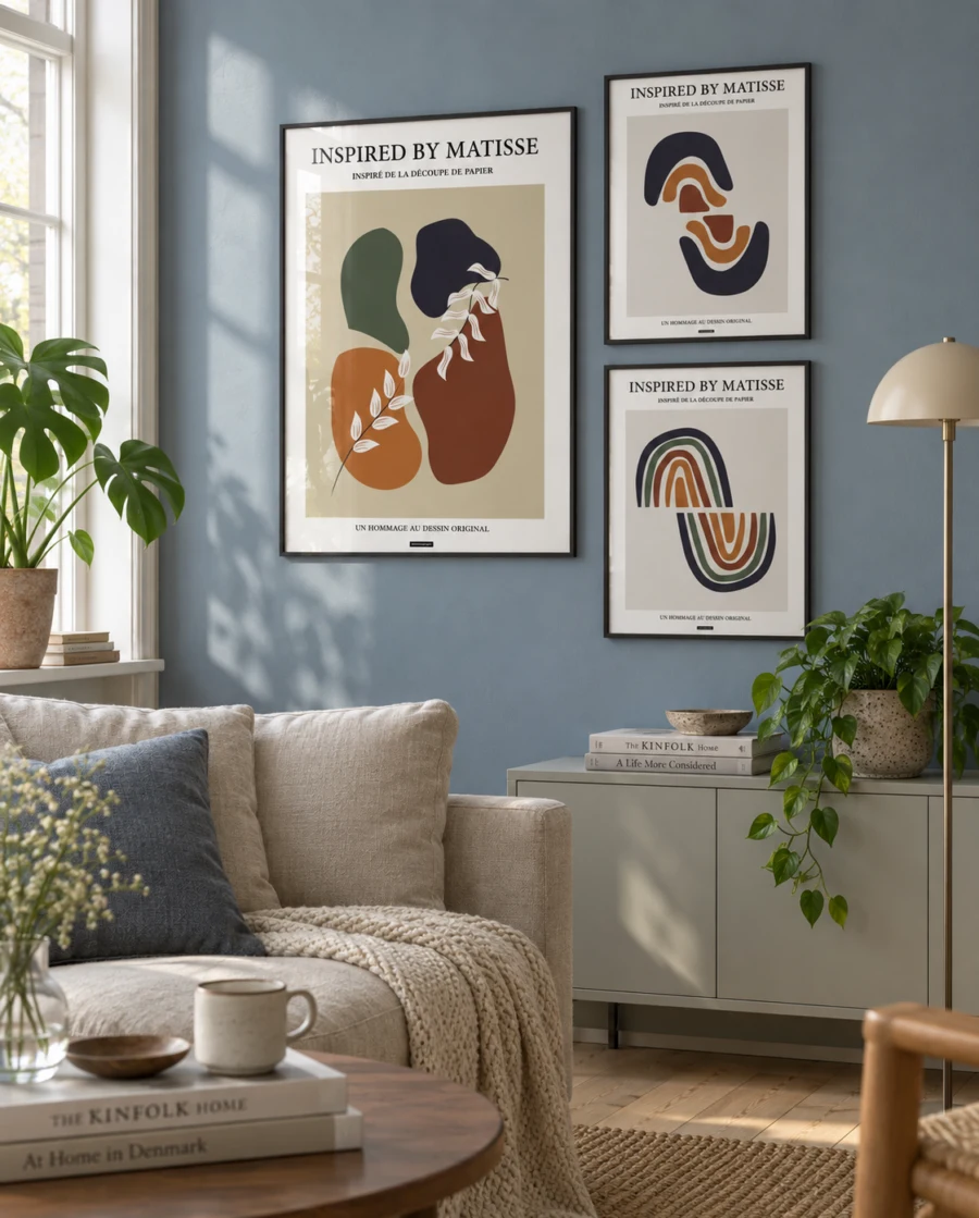 Matisse billedvæg med tre indrammede plakater i en lys stue hos KASPERBENJAMIN