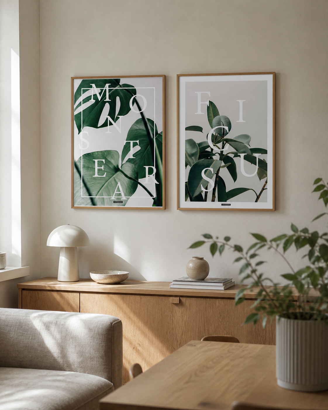 Monstera og Ficus Elastica plakater i matchende egetræsrammer