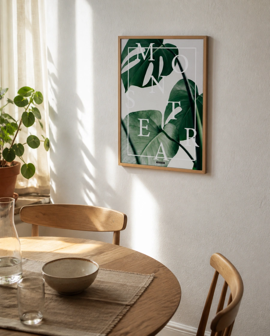 Monstera plakat i egetraesramme hænger i en lys dansk spisestue med egetraesbord og naturligt dagslys.