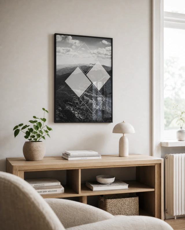 MOUNTAIN SQUARE plakat i en lys moderne stue med naturligt dagslys