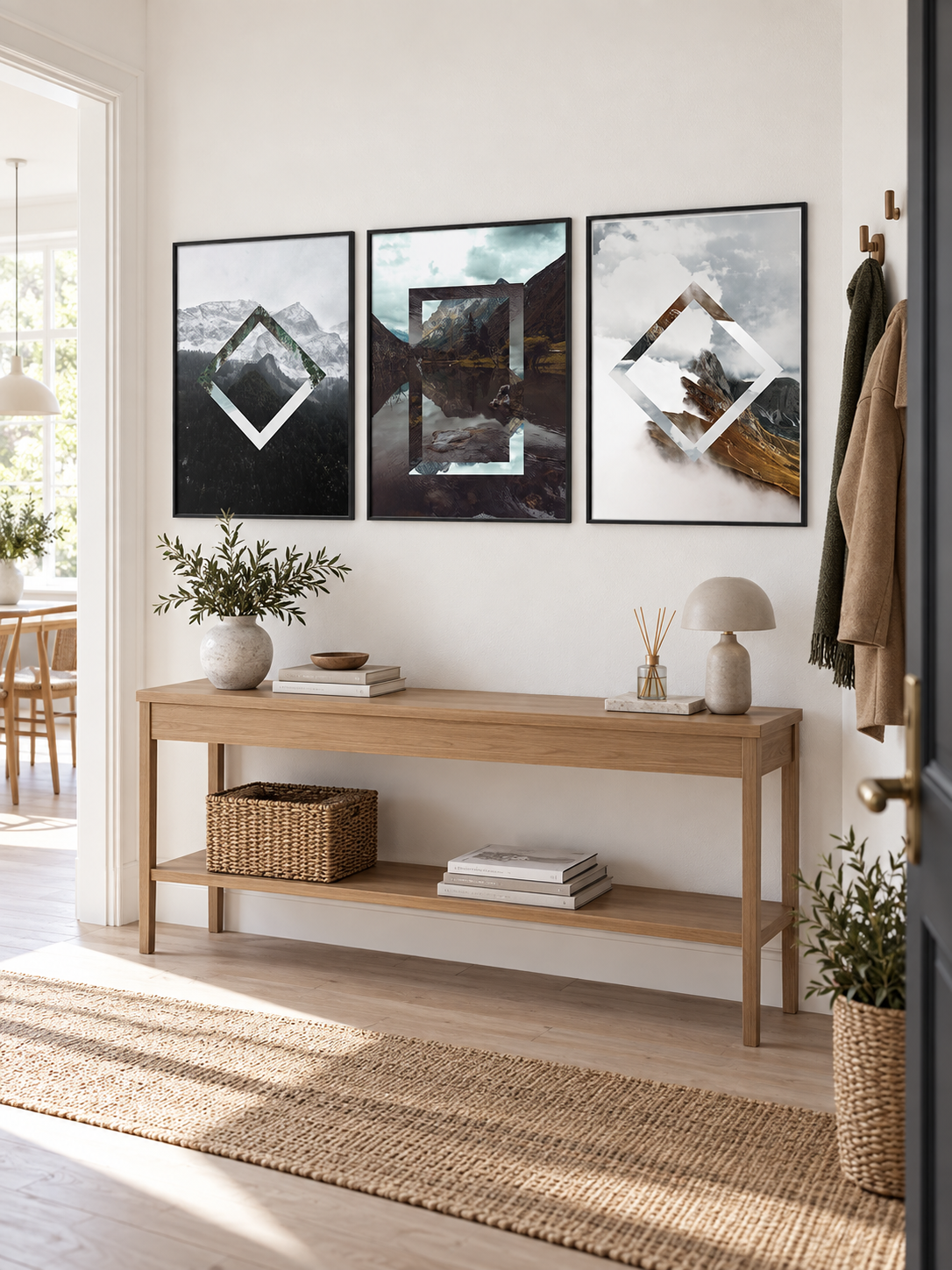 NATURE plakatsæt med Levitate, Nature Square og Reverse Nature i sorte aluminiumsrammer i en lys dansk entré