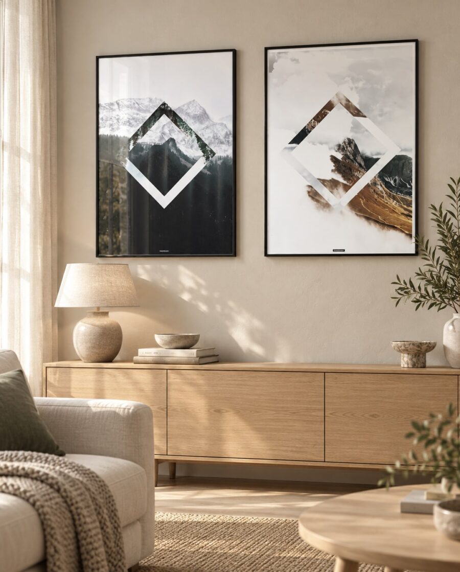 NATURE SQUARE og LEVITATE plakater side om side i en lys nordisk stue med egetræ og dagslys