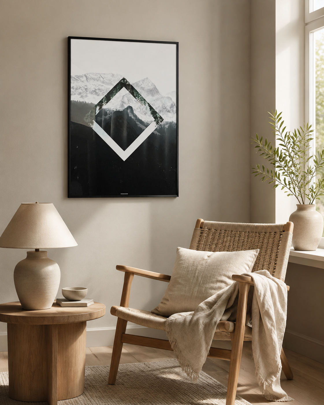 NATURE SQUARE miljøbillede | KASPERBENJAMIN NATURE SQUARE plakat i sort ramme i en lys nordisk læsekrog med egetræ, lænestol og dagslys.