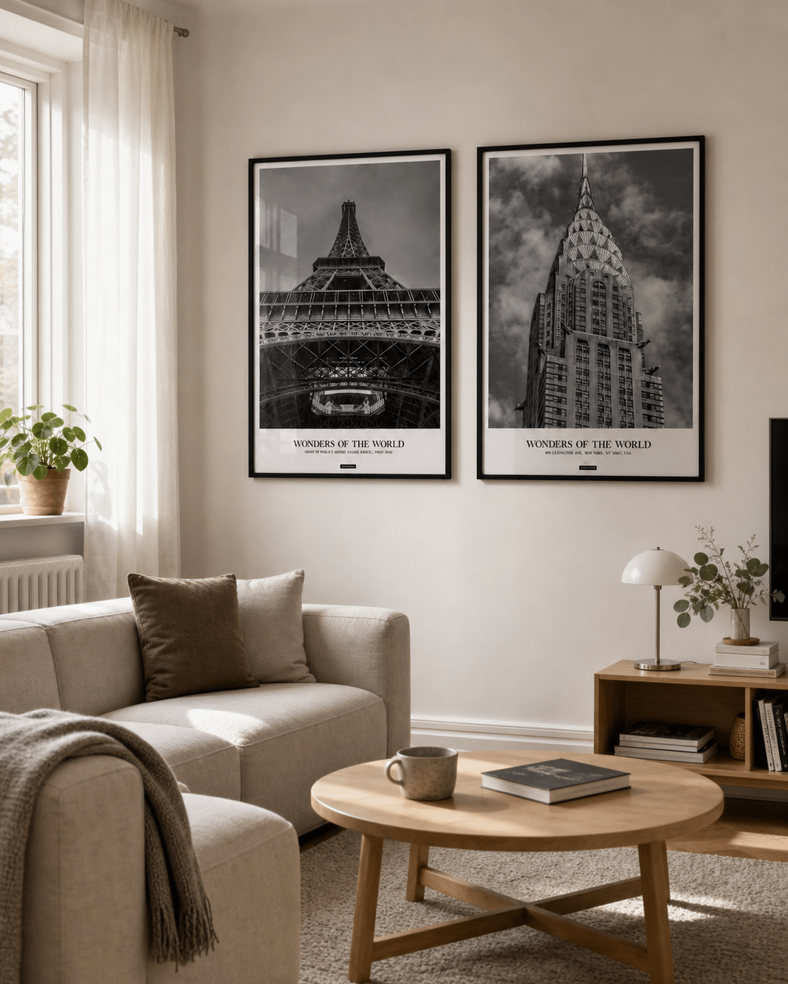 New York og Paris plakater i sorte rammer hænger sammen på en lys væg i en moderne dansk stue