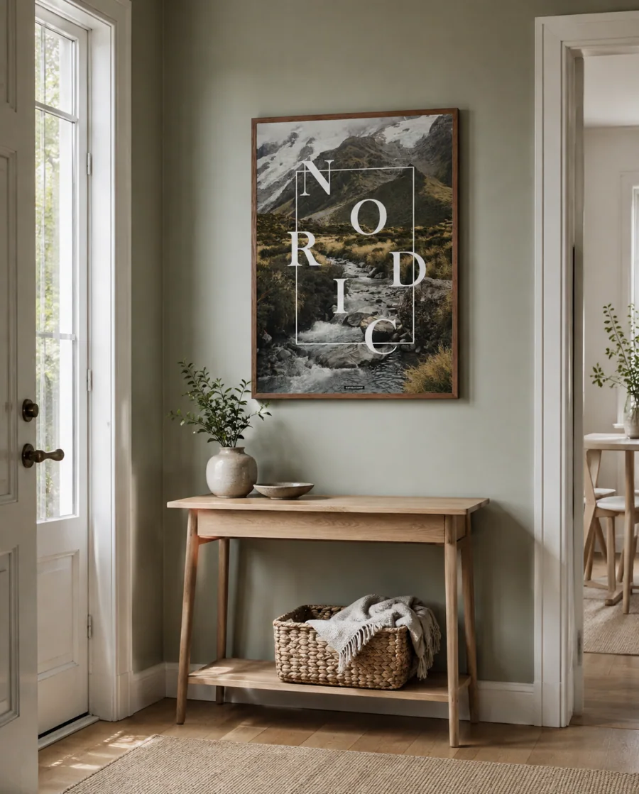 NORDIC plakat i egetræsramme over en lys konsol i en dansk entré med naturligt dagslys.