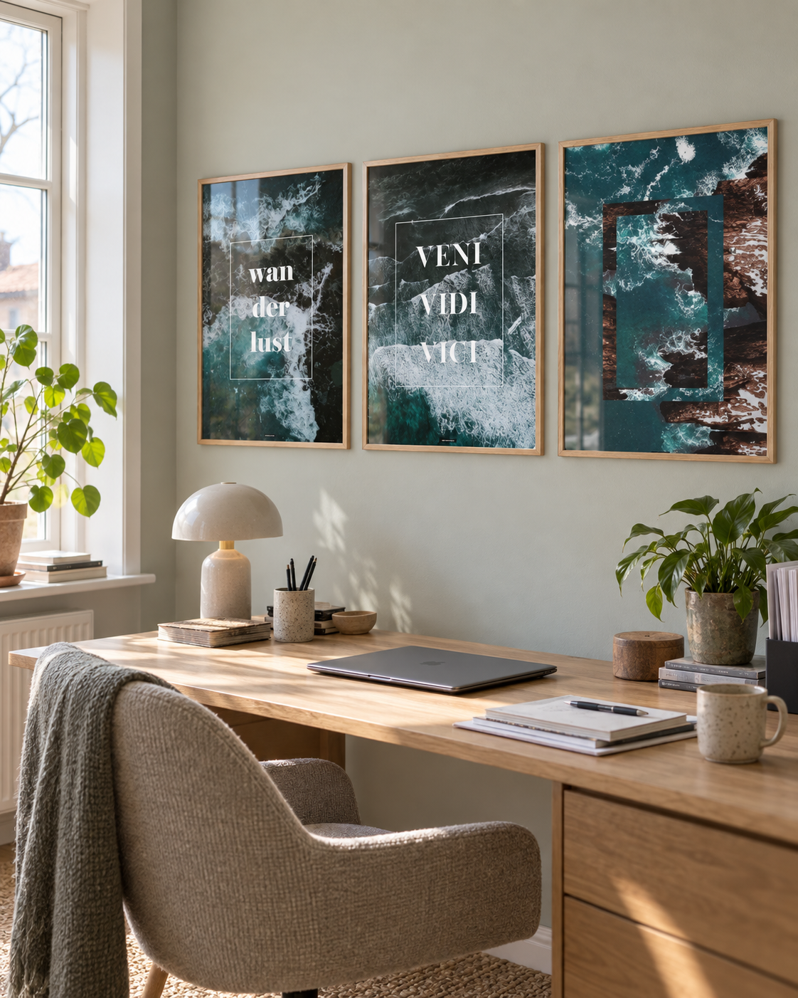 Ocean Wave plakatsæt med tre mørke havplakater i egetræsrammer over et skrivebord i et lyst dansk hjemmekontor.