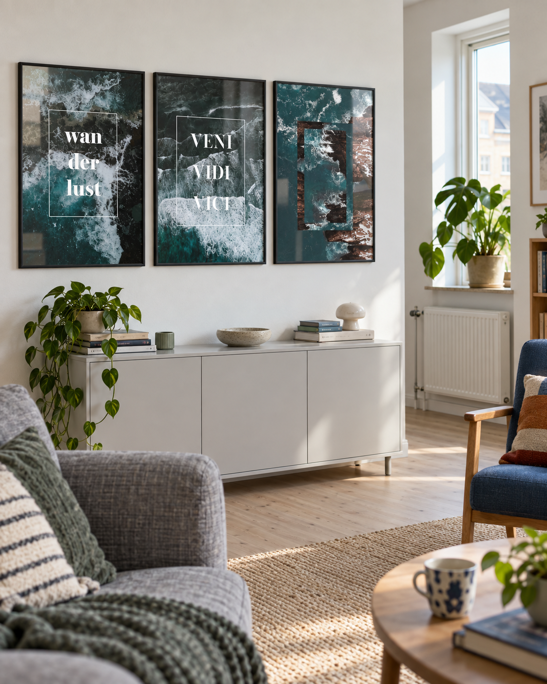 Ocean Wave plakatsæt med tre mørke havplakater i sorte aluminiumsrammer, venstrestillet i en lys dansk stue.
