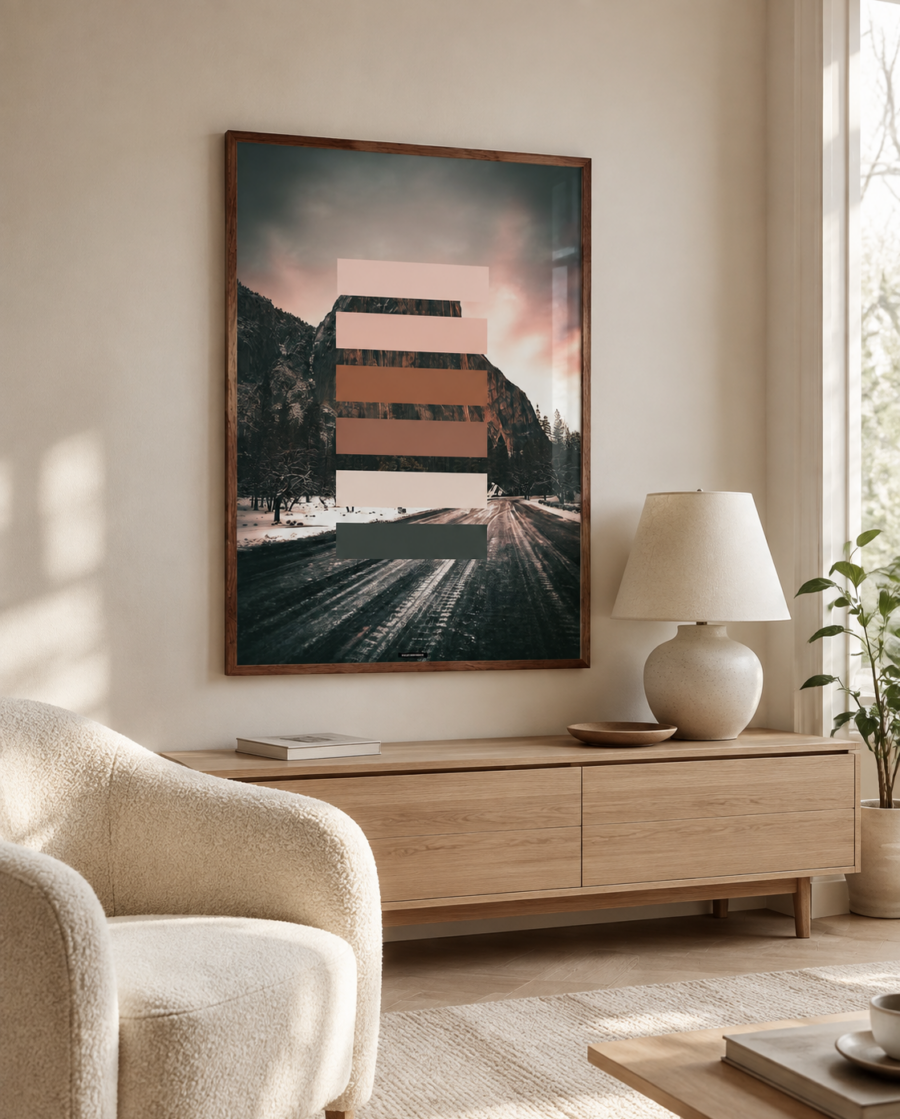 ORANGE SHADES plakat i et lyst nordisk miljø med naturligt dagslys.
