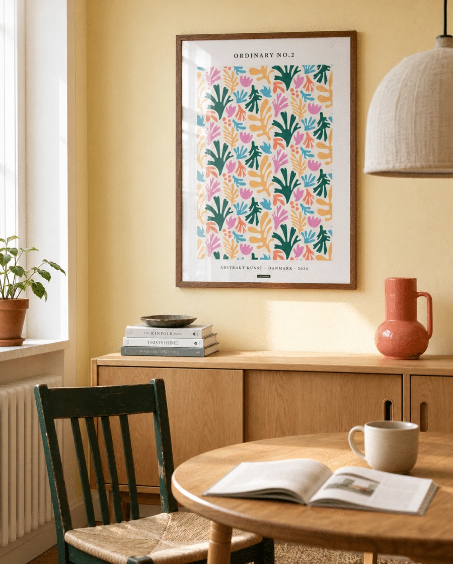 ORDINARY NO.2 plakat i valnøddefarvet ramme i en lys dansk spisestue med lysegul væg, egetræsskænk, grøn stol og naturligt dagslys