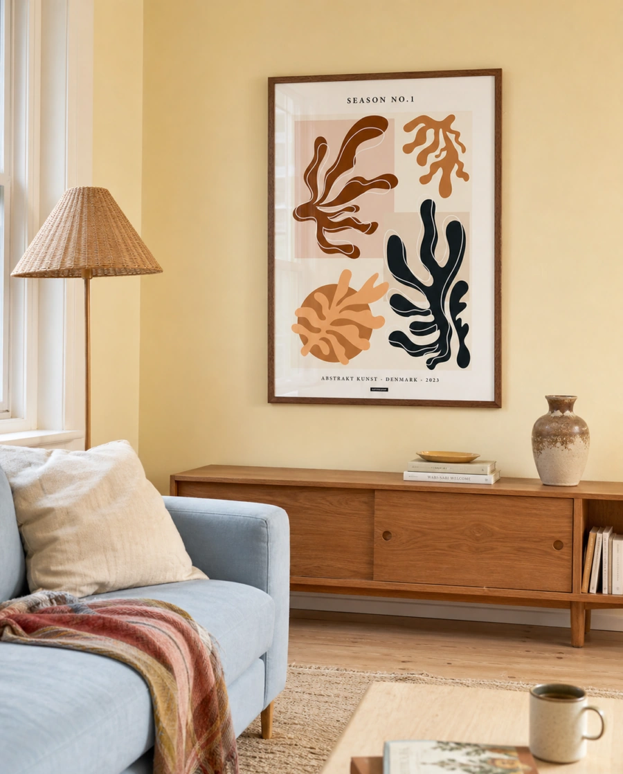 SEASON NO.1 plakat i valnøddefarvet ramme i en lys dansk stue med smørgul væg, lyseblå sofa, valnøddeskænk og flettet gulvlampe