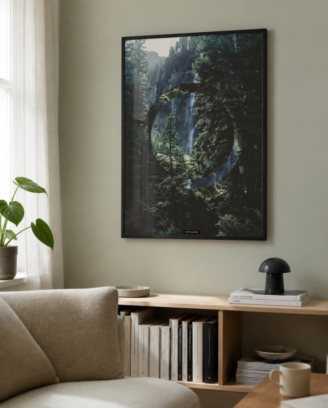 Serenity plakat i sort ramme på en lys grøn væg over en lav reol i en dansk stue